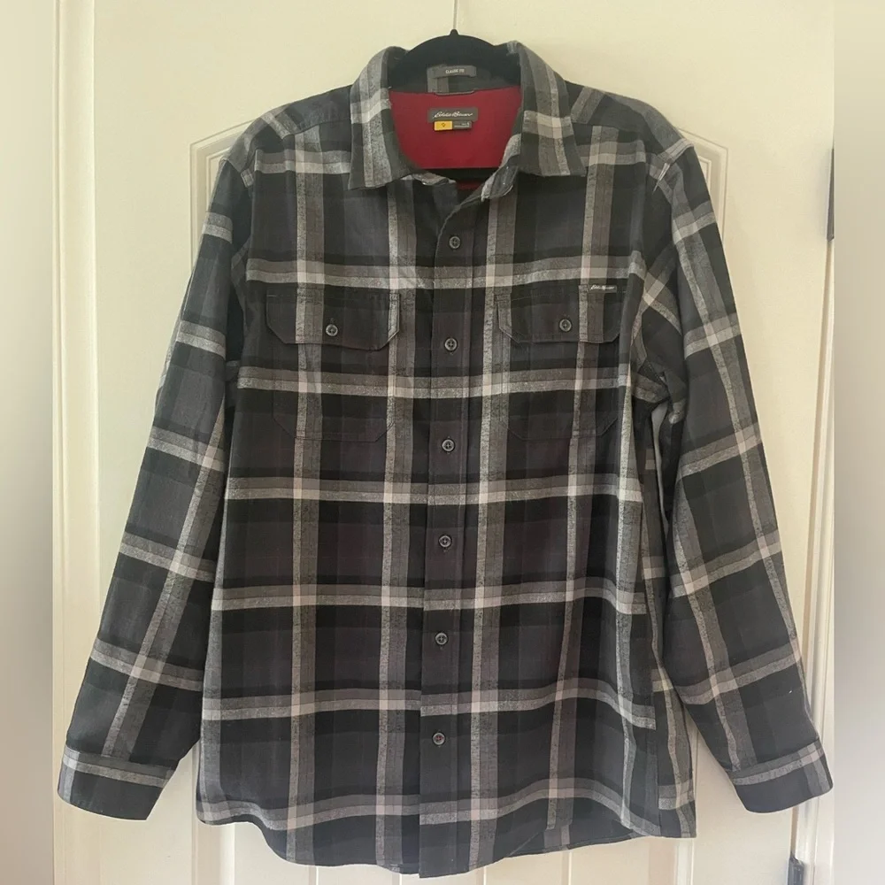 Eddie Bauer Black and Gray Plaid Button-Up Shirt - Picture 1 of 10
